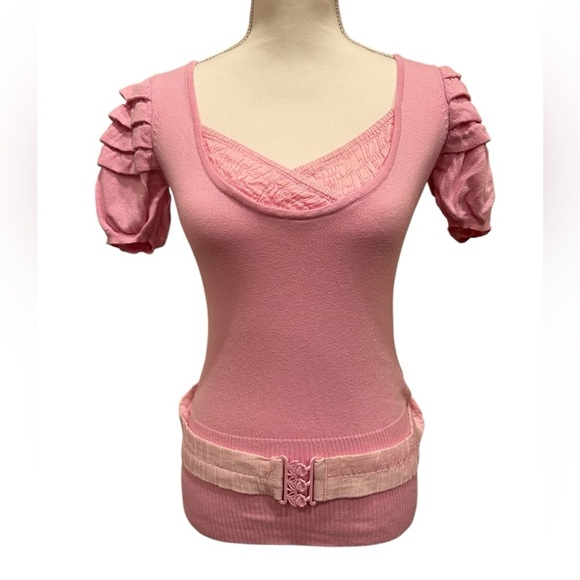 Dept Pink Puff Sleeve Knit Top with Textured Belt Detail Size Small - Picture 1 of 7